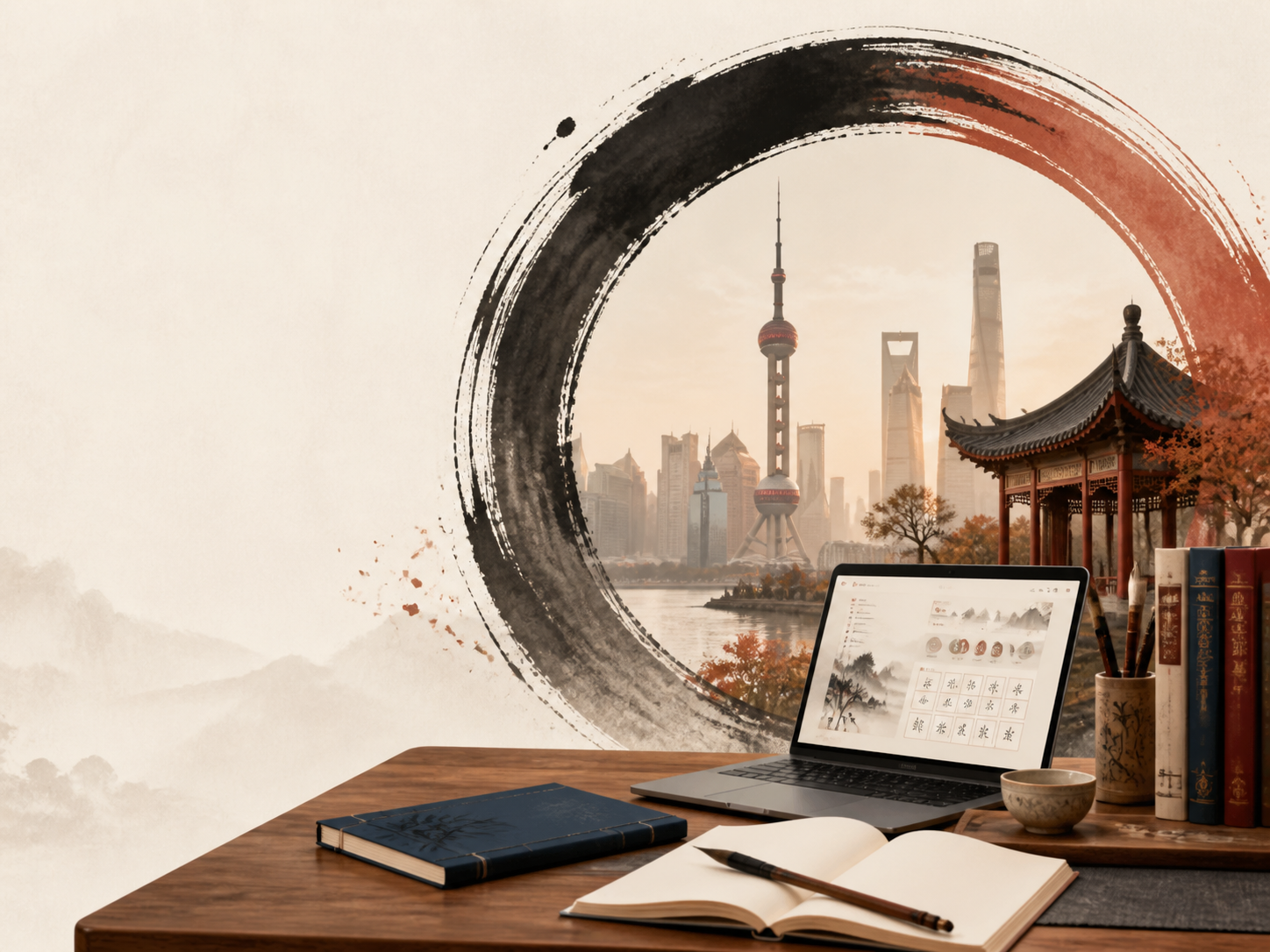 Chinese learning scene with Shanghai skyline and traditional pavilion