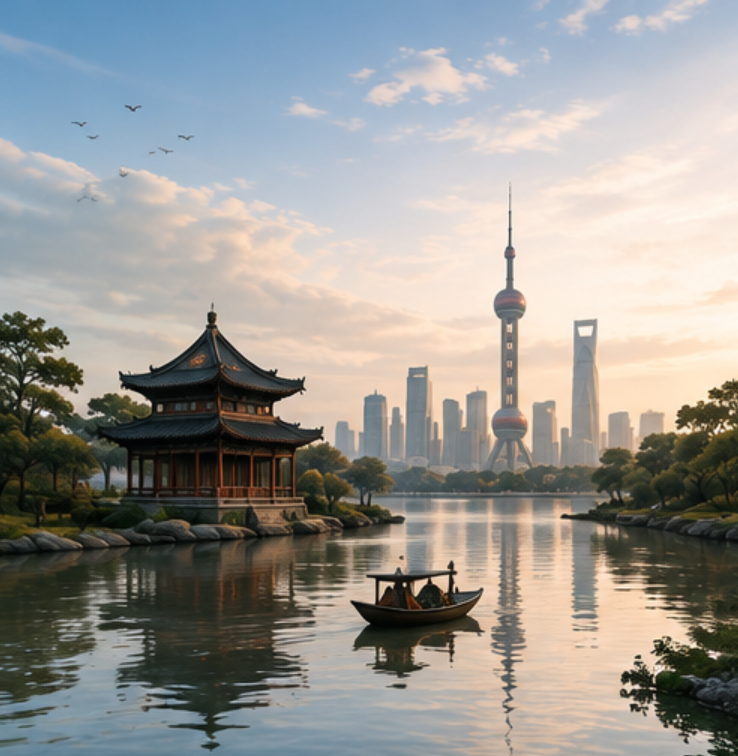 Traditional pavilion beside a Shanghai skyline