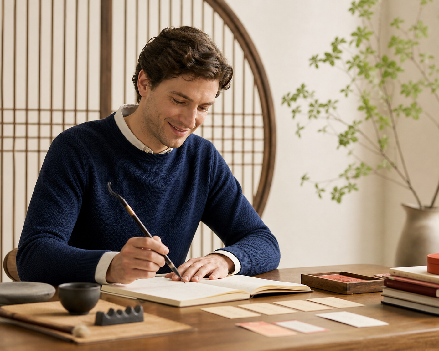 An adult learner studying Mandarin with notebooks and calligraphy tools